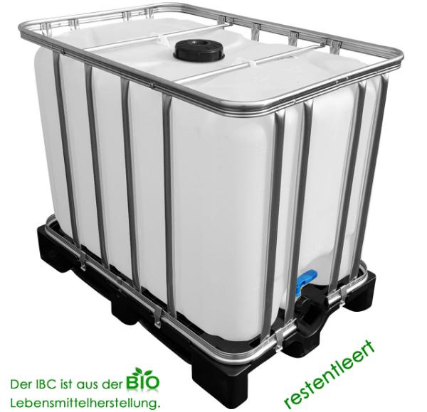 IBC Tank auf Kunststoffpalette aus Lebensmittelherstellung Volumen 600 Liter