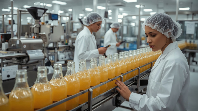 In der Getränkeherstellung gelten besonders hohe Anforderungen an Hygiene Auf einem Band laufen Flaschen mit Orangensaft durch einen Produktionsprozess