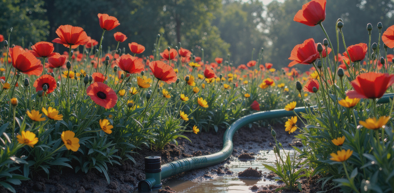 Saug- und Druckschläuche werden bei der Gartenbewässerung eingesetzt Auf einer Blumenwiese ist ein Druckschlauch verlegt