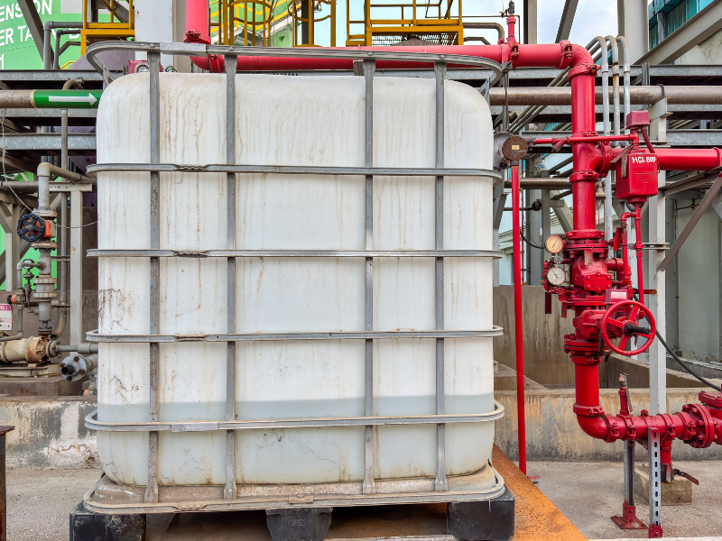 Ein weißer IBC in einer industriellen Anlage 