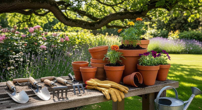 e Größer die Pflanze wächst, desto größere Kübel benötigt man Auf einem Tisch im Garten stehen mehrere Pflanzen und Töpfe J
