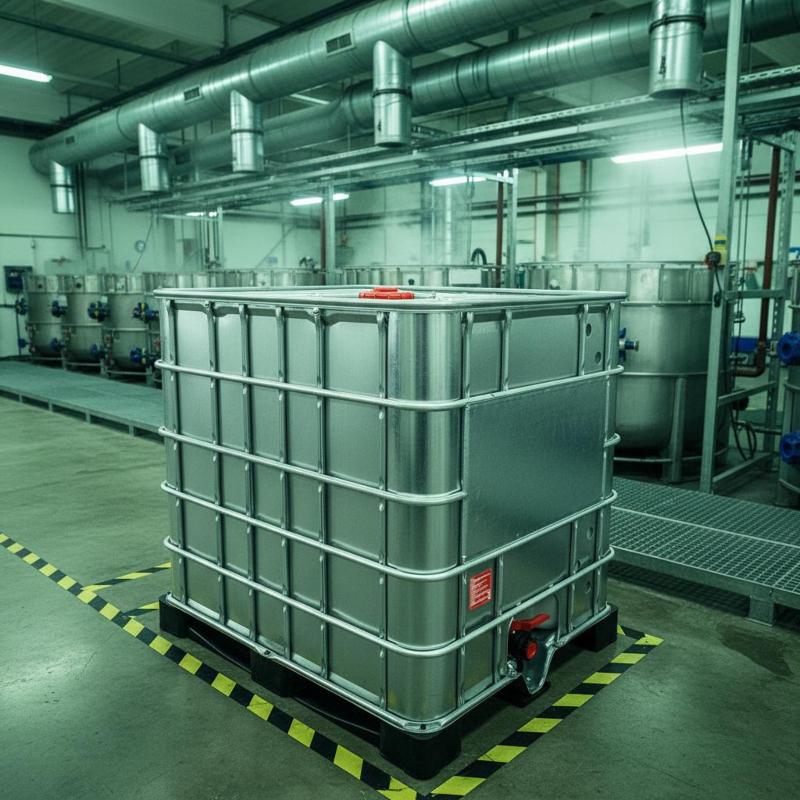 Ein stahlummantelter IBC in einer Fabrik 