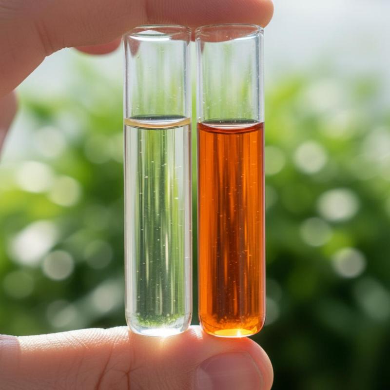 Jemand hält zwei kleine Reagenzgläser in einer Hand, eines enthält eine transparente Flüssigkeit, das andere eine rötlich verfärbte 