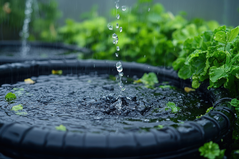 Eine Regentonne bis oben gefüllt mit Wasser