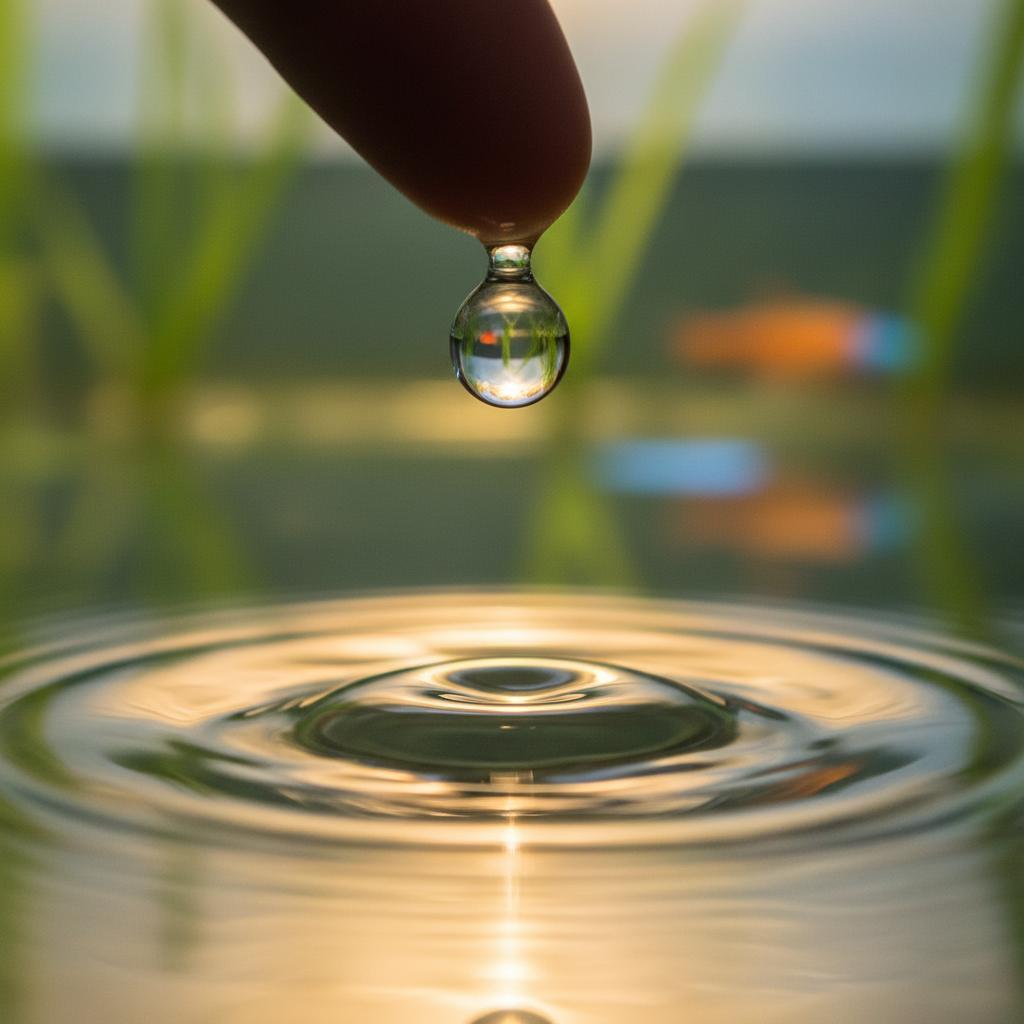 Von einem Finger tropft ein Wassertropfen in ein Becken 