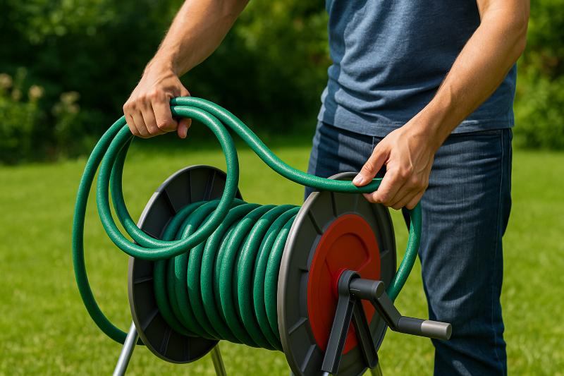 Ein Schlauch, der sauber aufgerollt wird, knickt seltener Ein Mann rollt einen Gartenschlauch auf