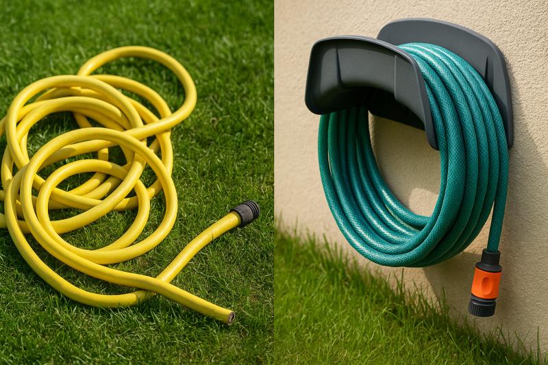 Der Aufwand, den Schlauch sorgfältig aufzurollen, lohnt sich Links: ein verknickter Schlauch auf der Wiese, rechts ein sauber aufgerollter Schlauch in der Wandhalterung