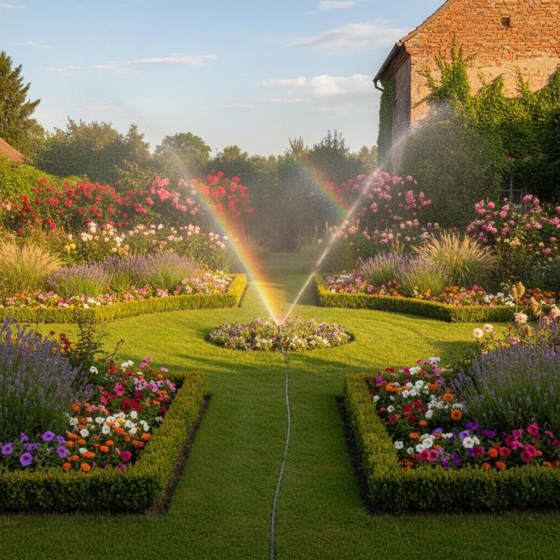 Symmetrischer Ziergarten mit laufender Sprinkleranlage, Regenbogen im Wasserstrahl, Rosenbeete und Buchsbaumeinfassung, altes Backsteingebäude im Hintergrund