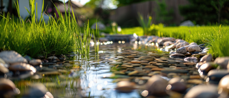 Ein flacher Gartenteich mit Kies und Steinen im Uferbereich