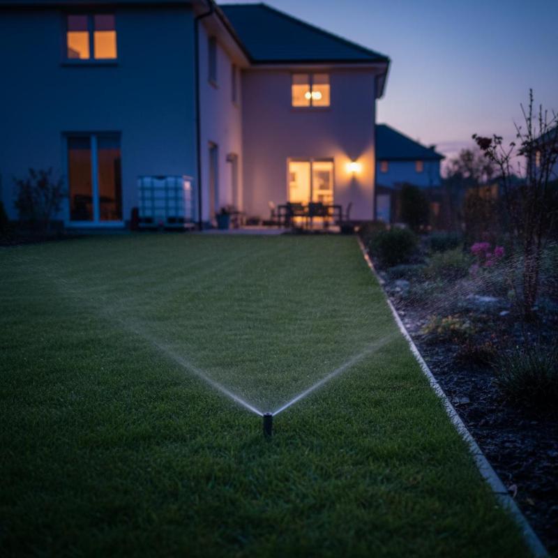 Vor einem Haus an einem Sommerabend bewässert ein Versenkregner den Rasen 