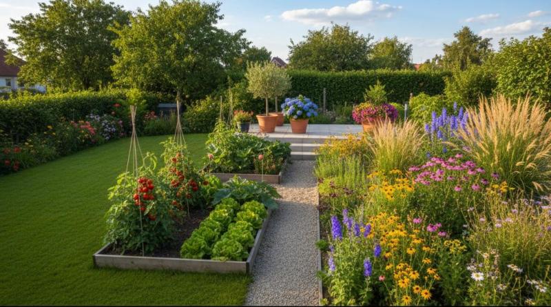 Blick auf einen Garten, man sieht Beete, Rasenflächen und Kübelpflanzen 
