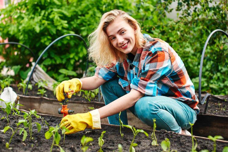 Frau installiert Gartenbewässerungssystem