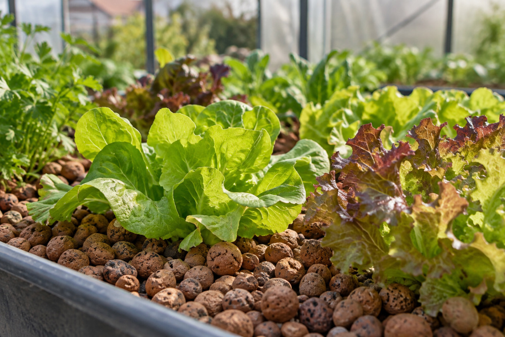 Auch ohne Erde lässt sich riche Ernte erzielen Salat wächst in einem Beet, das mit Blähton gefüllt ist