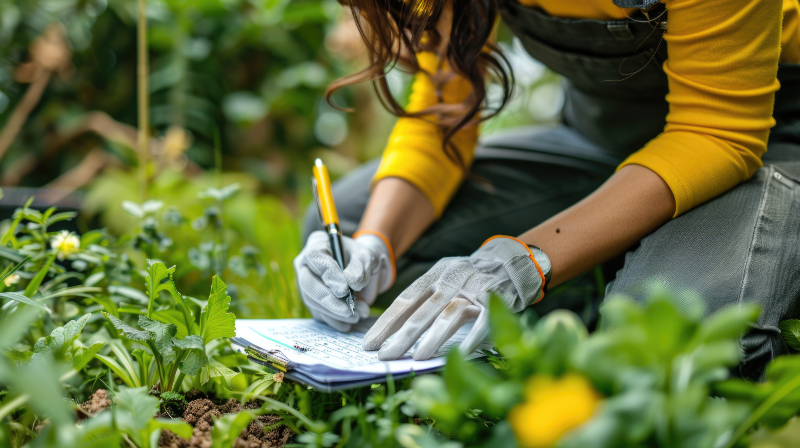 Bei der Standortwahl sollten Sie sorgfältig vorgehen Eine Frau macht sich im Garten an einem Beet Notizen