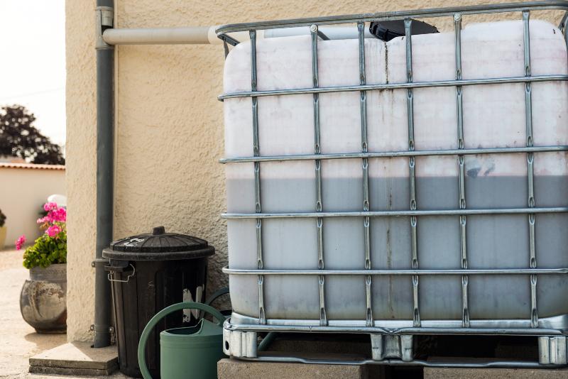Ein IBC-Container ist an das Fallrohr eines Hauses angeschlossen und dient als Sammelbehälter für Regenwasser Welche Möglichkeiten bietet ein Regenwasserfilter?