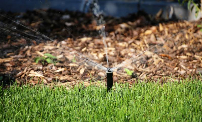 Eine Beregnerdüse bewässert den Garten