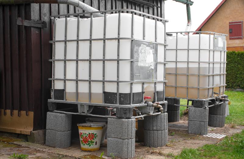 Zwei IBC-Tanks stehen in einem Garten. Sie sind jeweils an ein Fallrohr angeschlossen und werden dazu genutzt, Regenwasser für die Gartenbewässerung aufzufangen.