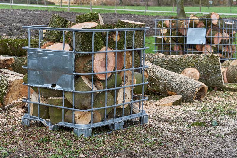 Mehrere Gitterboxen eines IBC-Containers, die mit Brennholz gefüllt sind IBC Blase ohne Gitter