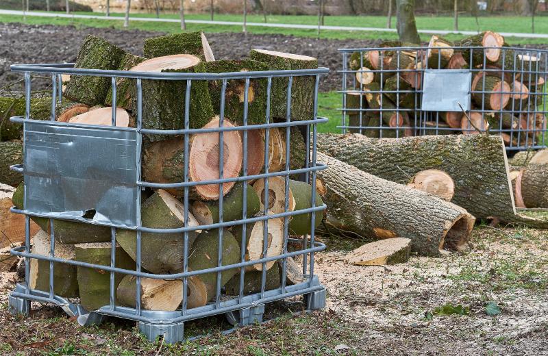 IBC-Gitterboxen sind mit frisch gesägtem Brennholz beladen Robuste Gitterboxpalette