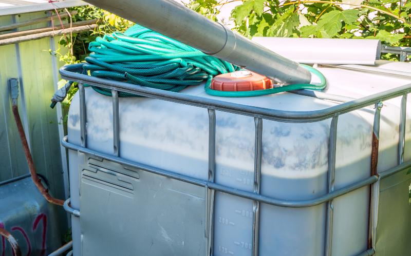 Ein IBC-Container der an ein Fallrohr angeschlossen Bewässerungsschläuche