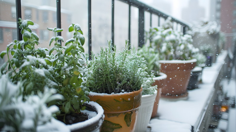 Nicht alle Pflanzen sind für Schnee und Forst gemacht Kräuter auf einem Balkon im Schnee