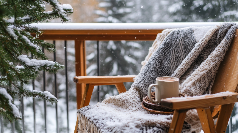MIt Kissen und Deken machen Sie Ihre Balkonmöbel auch in der kalten Jahreszeit nutzbar Ein Balkonstuhl im Schnee, auf dem Stuhl ist eine Decke platziert und eine Tasse heiße Schokolade wartet darauf, gekostet zu werden
