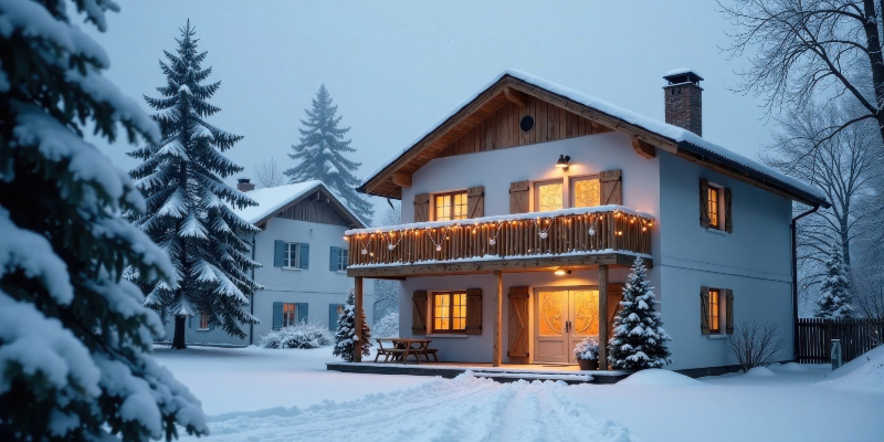 Lichterketten sind ein schönes Deko-Element für den Winterbalkon Ein Haus im Schnee, der Balkon ist einladenden erhellt