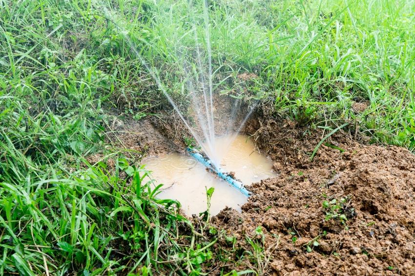 Defekte Wasserleitung im Garten, Wasser spritzt unkontrolliert heraus