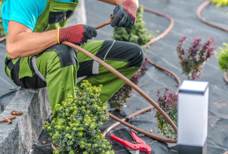 Ein Mann ist damit beschäftigt, Bewässerungsschläuche eines Tröpfchenbewässerungssystems mit Schlauchverbindern zusammenzuschließen