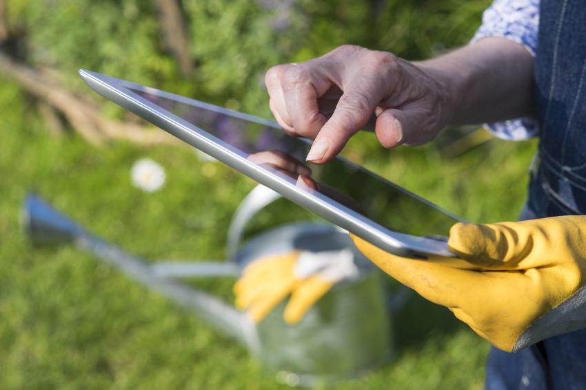 Gärtner mit Computer im Garten - Bewässerung im Smart Garden