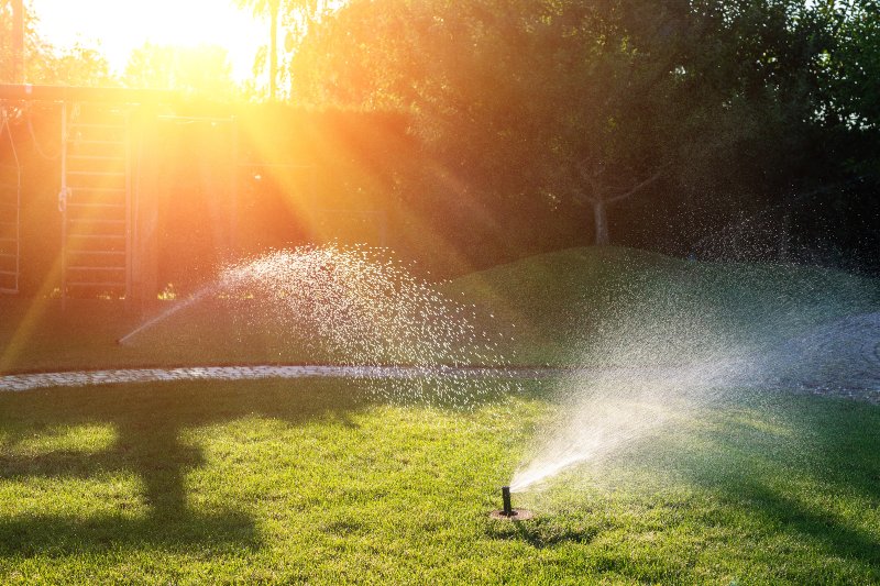 Regner bewässern den Rasen im Schein der Morgensonne Rasen wässern