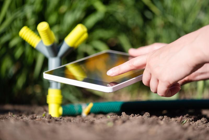 Vor einem Rasensprenger betätigt eine Frau via Tablet die Gartenbewässerung WLAN 