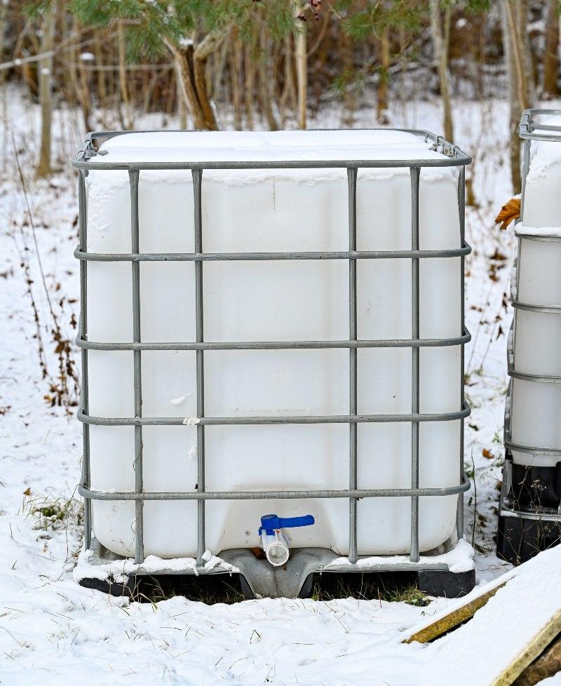 Ein IBC-Container steht im Schnee am Waldrand