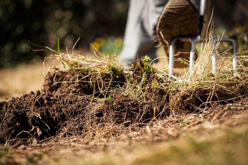 Ein Mann gräbt mit einer Gartengabel das Erdreich im Garten um Boden umgraben