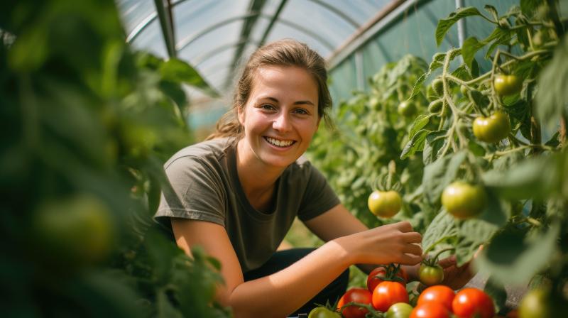 Tomten profitieren besonders von Tröpfchenbewässerung Eine Frau erntet im Gewächshaus Tomaten