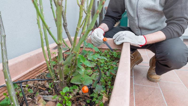 Ein Mann installiert ein Tröpfchenbewässerungs-System Bewässerung von Balkonkästen