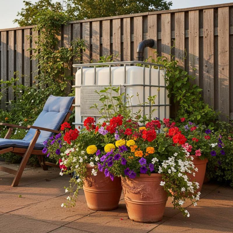 Terrassenpflanzen im Sommer – bunte Sommerblüher in Tontöpfen mit IBC-Container als Regenwasserspeicher im Hintergrund