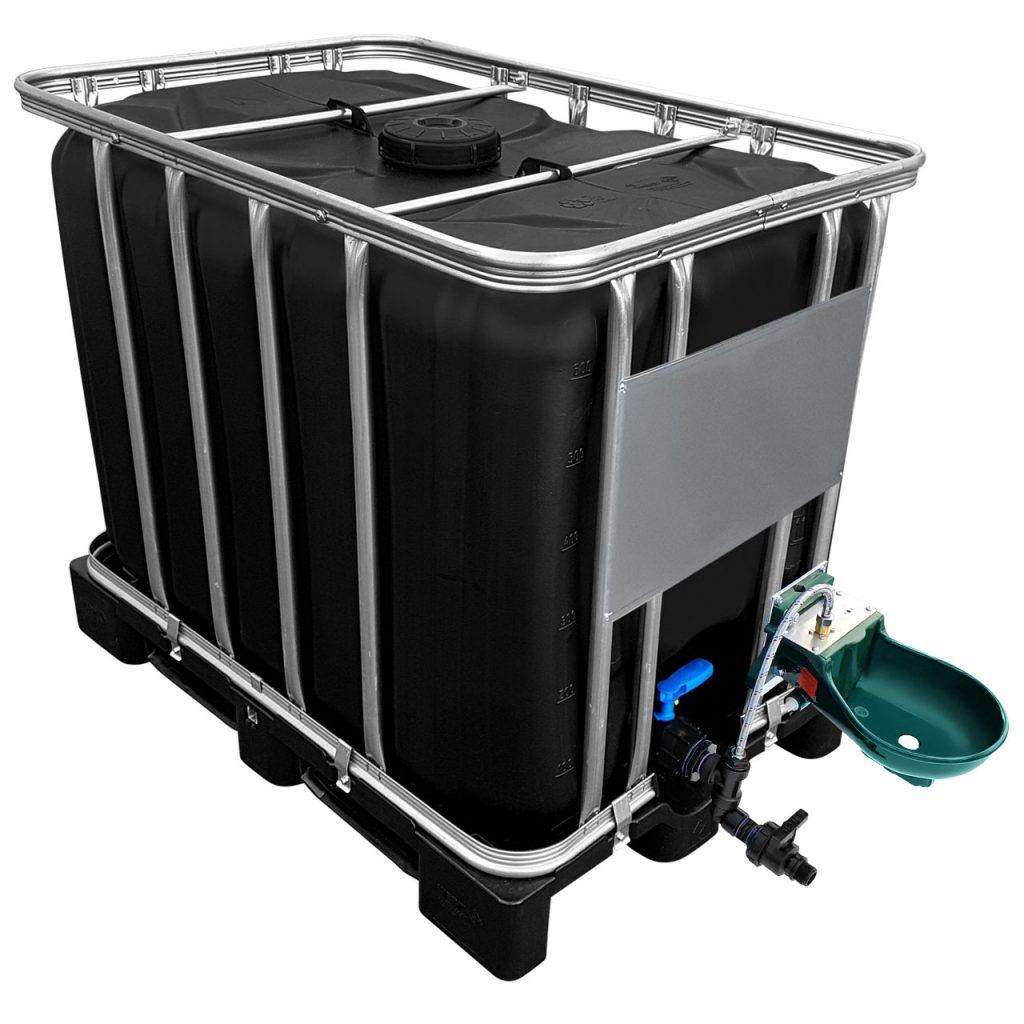 600l IBC Wassertank in SCHWARZ mit Tränkebecken auf PE-Palette NEU