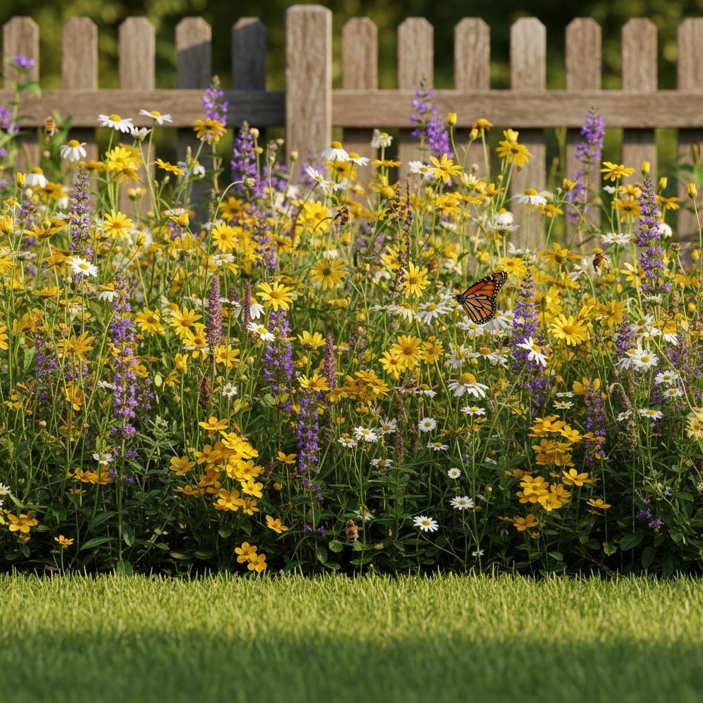 Insektenfreundliche Blühwiese im Sommer mit gelben und weißen Wildblumen, Schmetterling und Bienen vor Holzzaun