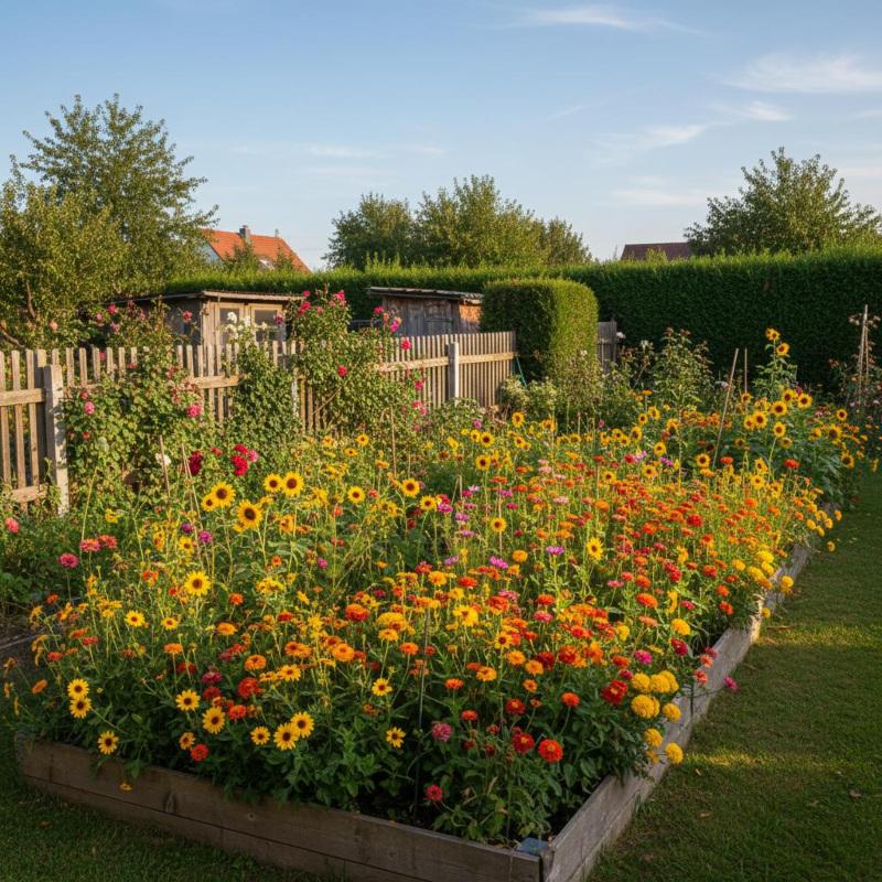 Schrebergarten im Sommer mit großem Blumenbeet aus Zinnien, Sonnenblumen und bunten Sommerblühern in Orange, Gelb und Pink 