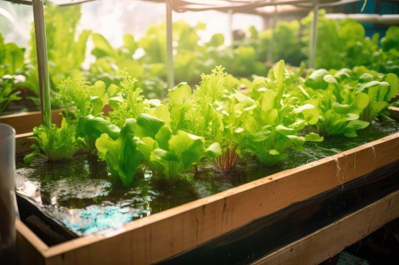 Salat und Kräuter gedeihen in einer Aquaponik-Anlage