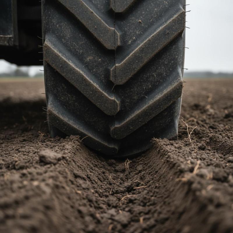 Traktorreifen im Ackerboden Nahaufnahme eines Traktorhinterreifens mit tiefem Stollenprofil, der in feuchten dunklen Ackerboden einsinkt – Bodenverdichtung durch unzureichendes Traktorgewicht