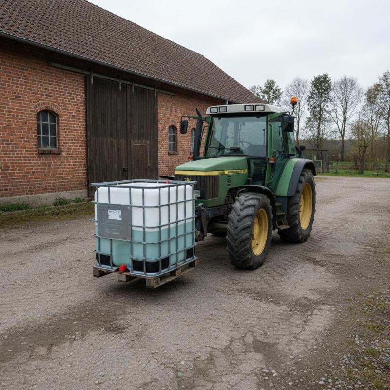 IBC Container können auch als Ballastgewicht genutzt werden Grüner Traktor auf Schotterhof vor roter Backsteinscheune, daneben ein teilbefüllter IBC Container mit Stahlgitterkäfig auf Holzpalette