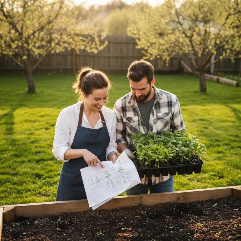 Ein junges Paar ist bereit, das Hochbeet zu bepflanzen. Er hält Pflanzen in der Hand sie einen Plan.