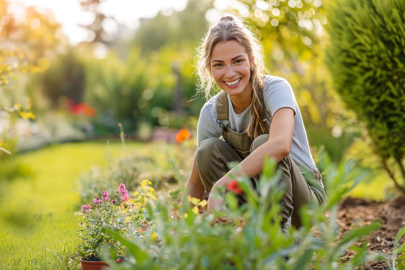 Eine junge Frau im Sommer bei der Gartenarbeit