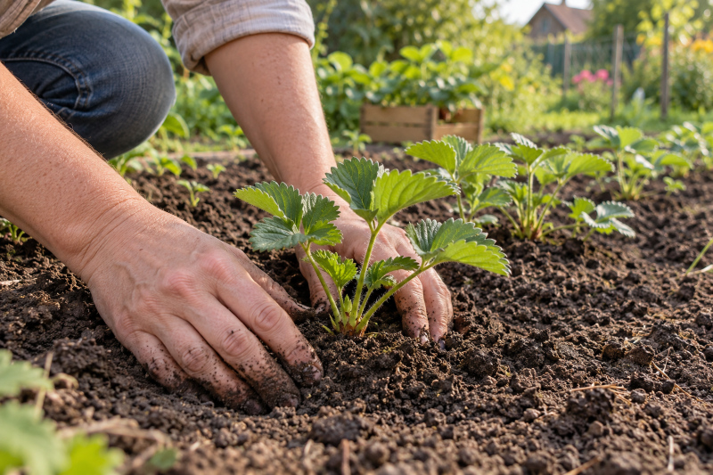 Erdbeeren im Spätsommer richtig pflanzen Erdbeerpflanze wird im August in lockere Gartenerde gesetzt