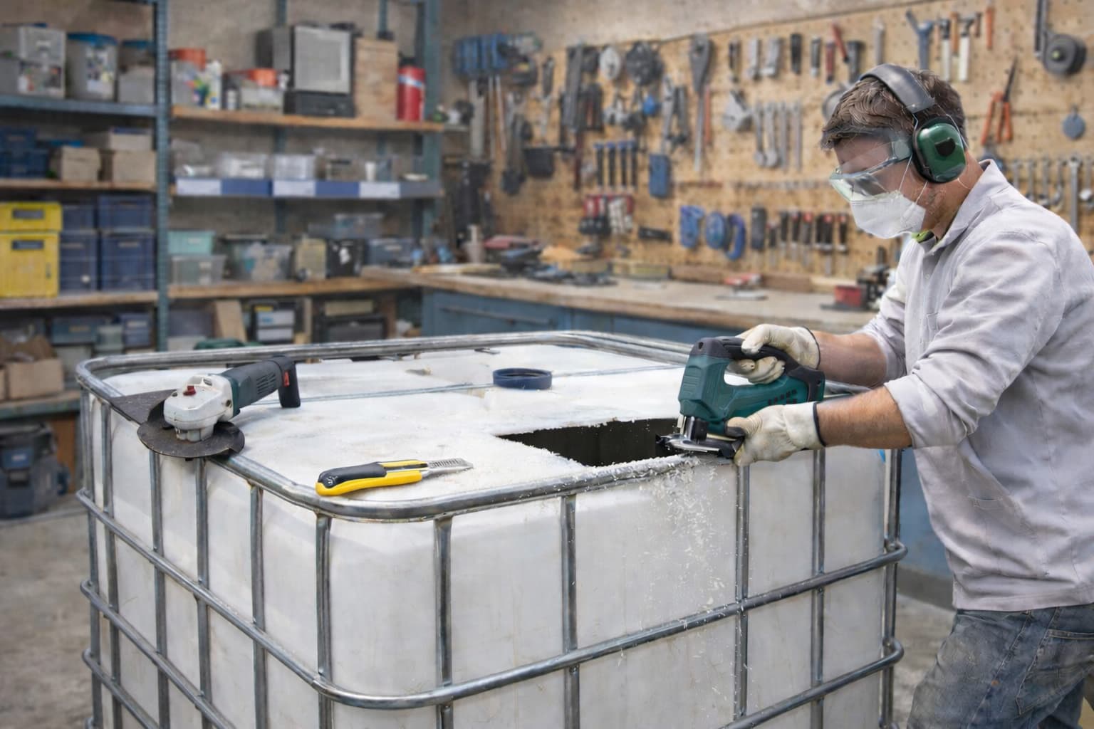Man schneidet IBC-Container auf