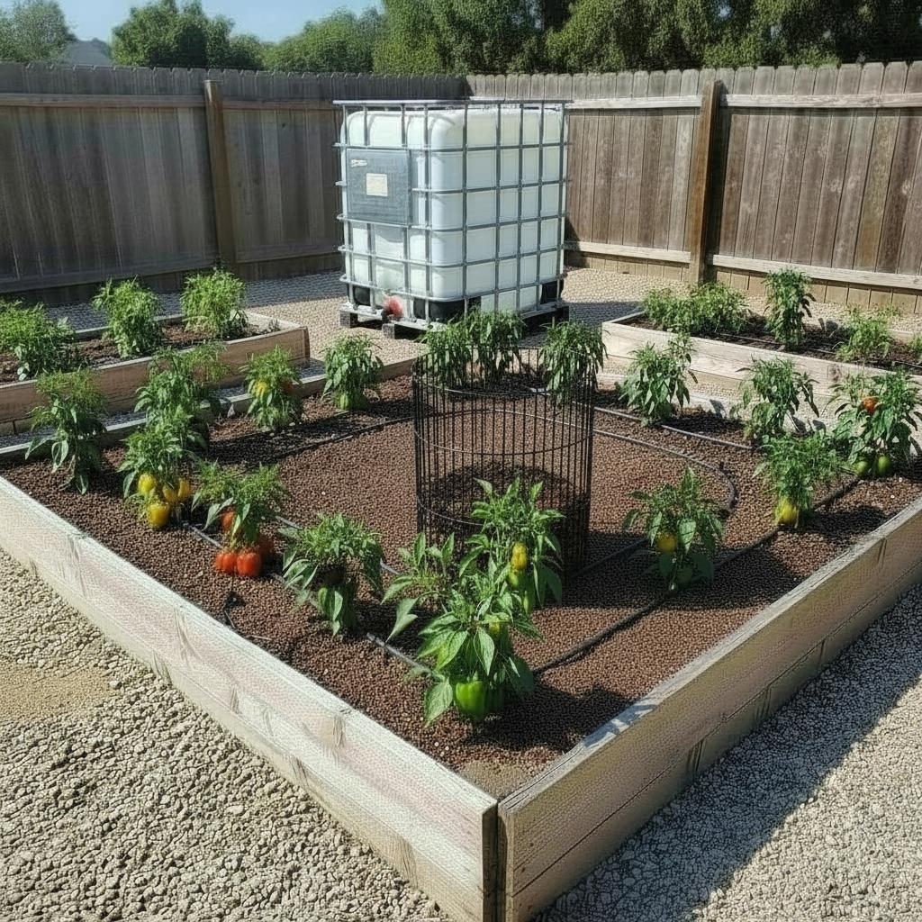 Keyhole-Garten mit Holzrahmen und IBC-Container im Hintergrund, zentrale Drahtkorb-Kompostierung, Paprika und Tomaten in verschiedenen Wachstumszonen, Mulchschicht