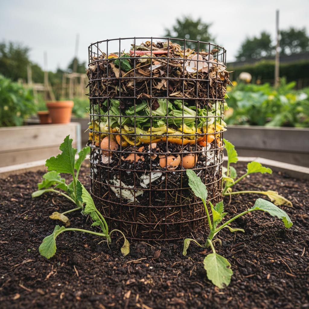 Nahaufnahme zentraler Kompostkorb im Keyhole-Garten, Drahtgeflecht gefüllt mit Küchenabfällen, Bananenschalen, Eierschalen und organischem Material