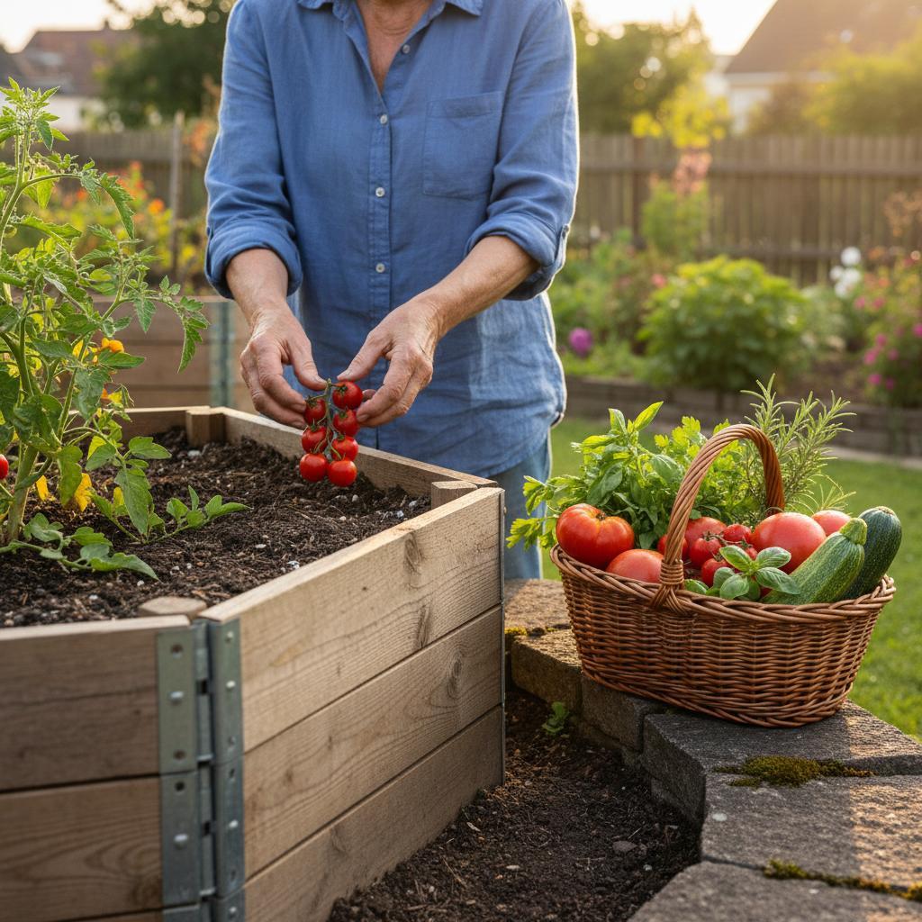 Gärtnerin erntet reife Tomaten aus rückenschonendem Hochbeet, Erntekorb gefüllt mit Tomaten, Gurken und Kräutern, ergonomische Arbeitshöhe